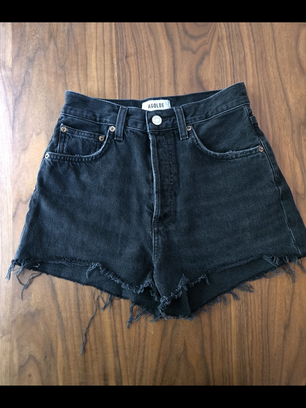 AGOLDE MILA High Waisted Black Denim Shorts Cutoff Frayed Raw Hem Distressed 25